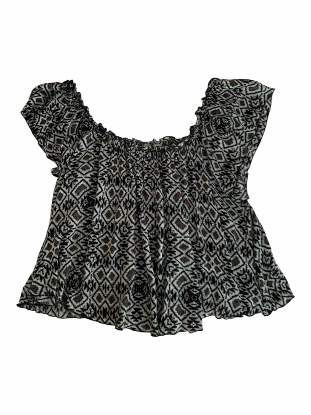 Society Girl Top Blouse Women's Size S Black Brown White Flutter Sleeve